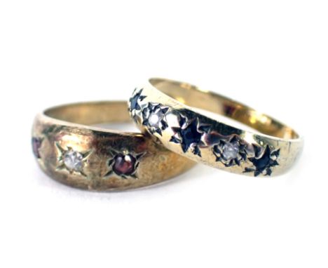 Two dress rings, comprising a 9ct gold and blue and white stone set half hoop dress ring, ring size G½, and a gold coloured w