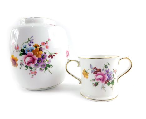 Two items of Royal Crown Derby Posies, comprising a two handled cup, 7cm high, and a vase, 18cm high. (2) 