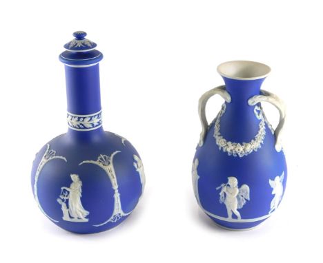 A Wedgwood style blue Jasperware bottle and cover, decorated with maidens, etc., 27cm high, and a similar unmarked Jasperware