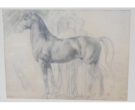 After Edgar Degas (French, 1834-1917). Study of a horse, with figures behind, lithographic print, bears Atelier stamp, 21cm x