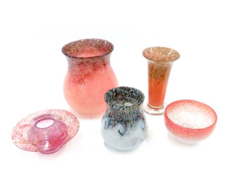 Monart and other Art Glass wares, comprising pink and gold glittered ovoid vase, 18cm high, trumpet vase, 16cm high, ash bowl