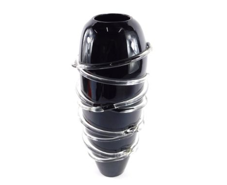 An Art Glass blackened vase, with applied twist outer clear glass detail, 45cm high. 