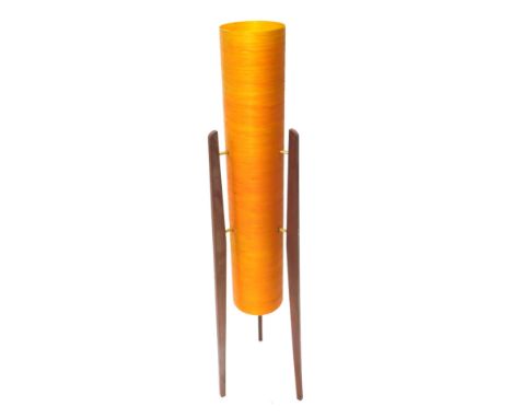An early 1970s teak framed floor standing lamp, with orange cylindrical shade. 
