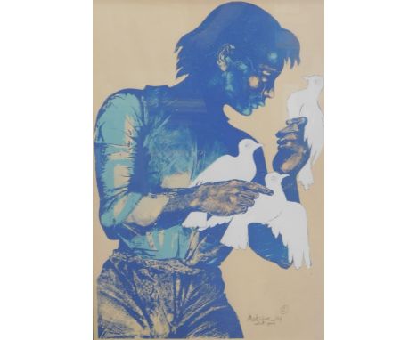 Montefrase(?) (20thC). Male figure with doves, artist signed lithographic print dated 1974, 92cm x 64cm.