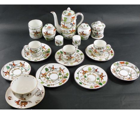 A Crown Staffordshire Hunting Scene pattern part coffee service, comprising coffee pot, breakfast cup and saucer, sugar vase,