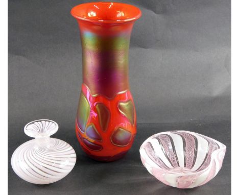 Art Glass, a pink and white striped handkerchief bowl, 11cm wide, pink and white striped miniature vase, 7cm high, and a red 