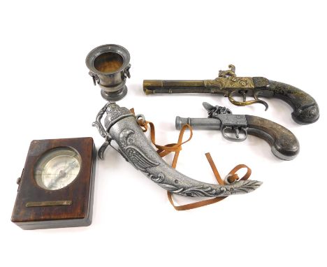 Two replica pistols, a replica stainless steel handled flask, compass, and campana urn. (5)