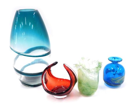 A collection of Art Glass, comprising a blue swirl design vase, 26cm high, green mottled vase, 11cm high, red handkerchief bo