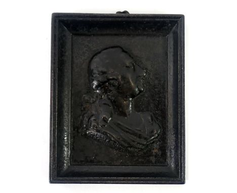 A 19thC cast iron portrait plaque of Mozart, in a rectangular moulded frame, bearing signature, 12.5cm x 9.5cm. 