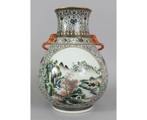 A LARGE CHINESE FAMILLE ROSE PORCELAIN HU VASE, decorated with circular river landscape panels reserved on a grisaille formal