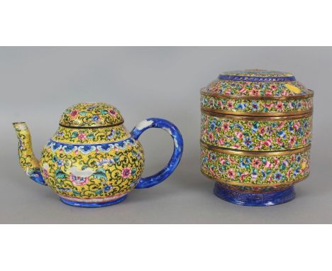 A 19TH CENTURY CHINESE YELLOW GROUND CANTON ENAMEL STACKED BOX & COVER, each section decorated with dense scrolling flowerhea