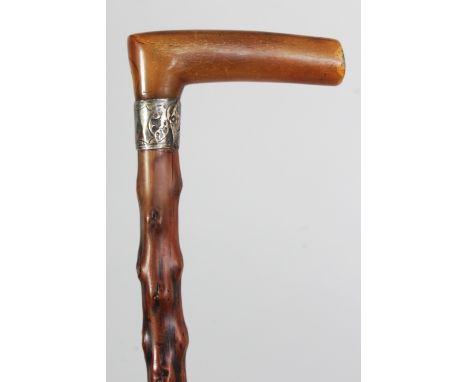 A HORN HANDLED KNARLED WOOD WALKING STICK, the handle possibly rhino horn, the neck with an embossed silver-metal collar, 31.