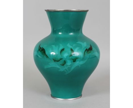 AN EARLY 20TH CENTURY ANDO STYLE CLOISONNE VASE, with chrome rims, decorated in shades of green enamel with formal foliate ar