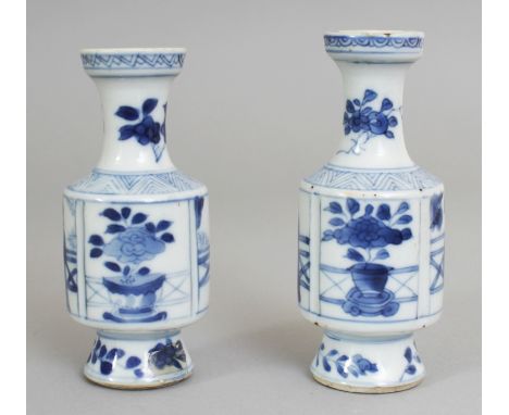 A SMALL PAIR OF CHINESE KANGXI PERIOD BLUE & WHITE PORCELAIN VASES, each painted with panels of 'long eliza' alternating with