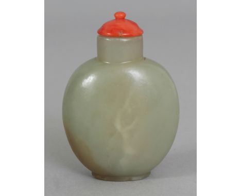 A GOOD QUALITY 19TH CENTURY CHINESE CELADON JADE SNUFF BOTTLE & CORAL STOPPER, of flattened ovoid form, 2.5in high overall.