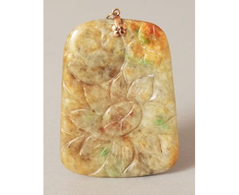 A 20TH CENTURY CHINESE JADE PENDANT, with gilt-metal clasp, the jade carved in low relief with a butterfly, gourds and a flow