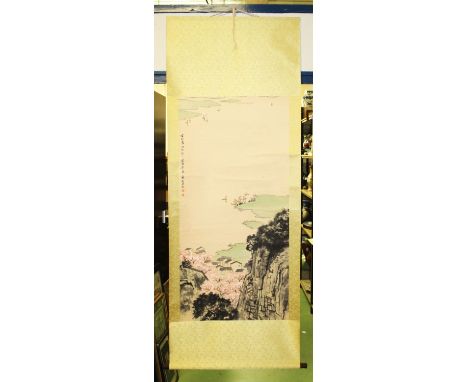 ANOTHER CHINESE HANGING SCROLL PICTURE ON PAPER, decorated with an extensive estuary scene, the picture itself 52.5in x 25.5i