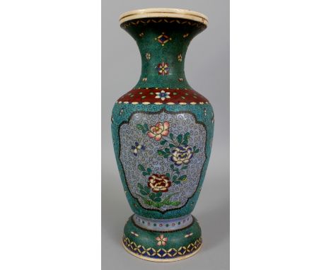 A LARGE SIGNED JAPANESE TOTAI CLOISONNE ON EARTHENWARE VASE, circa 1900, decorated with two shaped panels of a butterfly hove