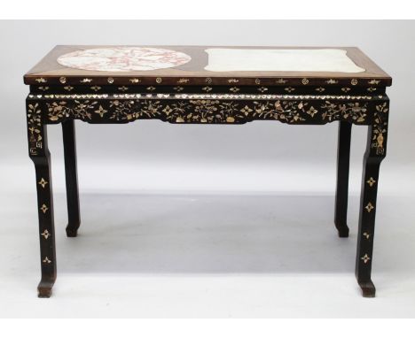 A GOOD 19TH/20TH CENTURY CHINESE MARBLE TOP & MOTHER-OF-PEARL INLAID RECTANGULAR HARDWOOD TABLE, the top surface with shaped 