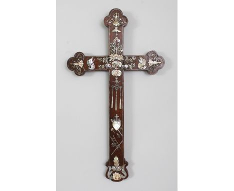A 19TH CENTURY CHINESE MOTHER-OF-PEARL INLAID HARDWOOD CRUCIFIX, 10in wide & 18.2in high.