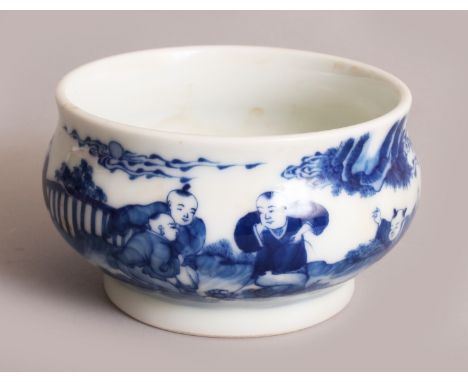 A CHINESE BLUE & WHITE PORCELAIN CENSER, of bombe form, the sides decorated with boys playing in a garden setting, the base w