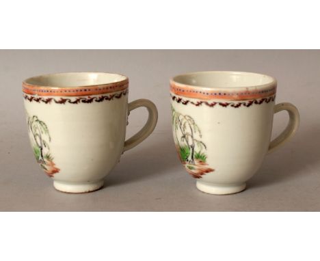 AN UNUSUAL PAIR OF CHINESE QIANLONG/JIAQING PERIOD ENAMEL DECORATED PORCELAIN COFFEE CUPS, circa 1800, each painted with a ri