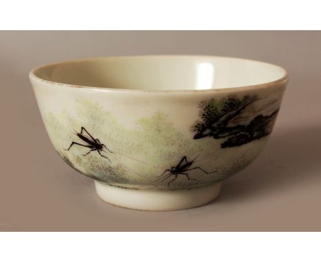 A SMALL CHINESE REPUBLIC STYLE PORCELAIN BOWL, decorated with calligraphy and with insects in a landscape setting, the base w