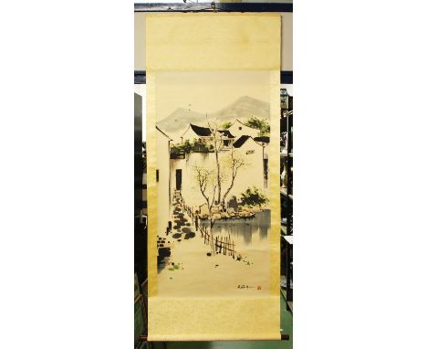 ANOTHER CHINESE HANGING SCROLL PICTURE ON PAPER, decorated with a mountainous riverside village scene, the picture itself 52.