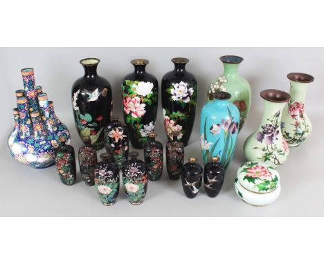 A GROUP OF EIGHTEEN MAINLY JAPANESE MEIJI PERIOD CLOISONNE VASES, comprising six pairs of vases, four other Meiji vases, a Gi