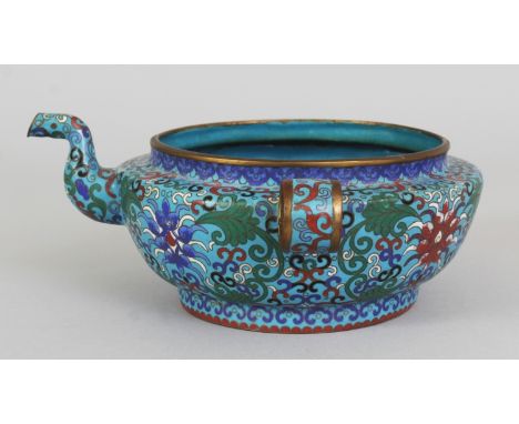 AN UNUSUAL CHINESE CLOISONNE EWER, with a cylindrical side handle, the side decorated with formal scroll stemmed lotus, the b