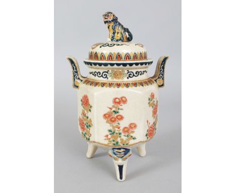 A GOOD JAPANESE MEIJI PERIOD HEXAGONAL SECTION IMPERIAL SATSUMA EARTHENWARE TRIPOD KORO & COVER, the sides well painted with 