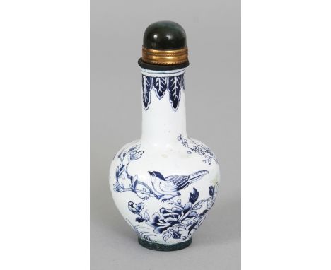 A CHINESE CANTON ENAMEL SNUFF BOTTLE & HARDSTONE STOPPER, decorated with birds and foliage in blue on a white ground, the bas