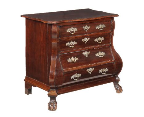 A Dutch mahogany commode, early 19th century, of bombe outline, on lion paw feet, 87cm high, 92cm wide, 56cm deep   Provenanc