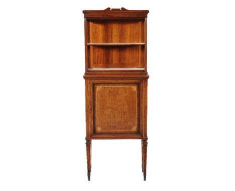 A mahogany and inlaid side cabinet, circa 1905, of narrow proportion, with an associated glazed and open superstructure above