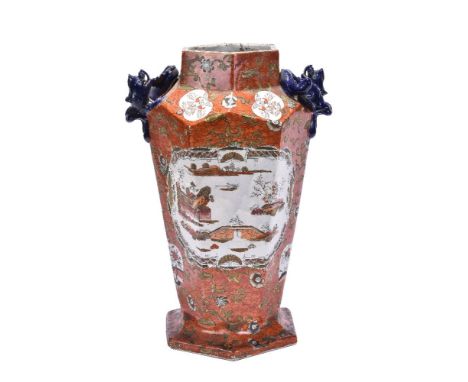 A Mason's/Ashworth's Ironstone China hexagonal section vase, mid-19th century, printed and painted with panels of Chinese sce