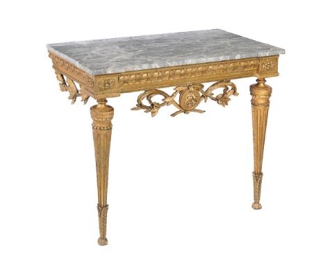 A giltwood and marble topped console table, possibly Continental, 19th century,  the marble top above a stiff-leaf frieze, fo