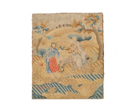 An early George III wool and silk embroidered figural needlework panel, signed and dated Mary Parker Fecit 1763, depicting th