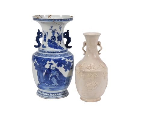 A Chinese blue and white two-handled vase, 19th century, painted with Shoulao holding a peach, 37.8cm high and a late Chinese