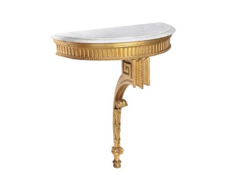 A pair of giltwood console tables, 19th century, of semi-elliptical form, each with variegated white marble top 79cm high, 66