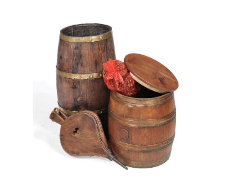 An oak and brass bound barrell, 19th century, as a log bin or stick stand, 62cm high, 32cm wide, together with an oak, walnut