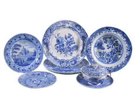 A collection of Spode blue and white printed pottery plates, first quarter 19th century, comprising: a 'Union Wreath' (3rd) p