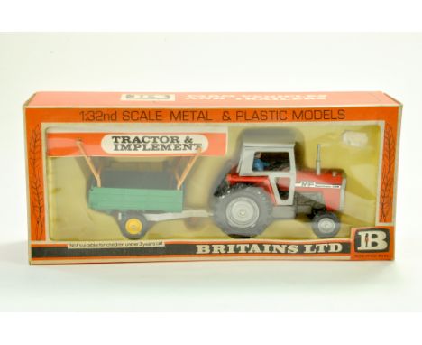Britains 1/32 Farm issue comprising No. 9598 Massey Ferguson 595 Tractor and Trailer Set. Appears very good to excellent in g