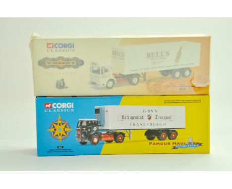 Corgi Diecast Commercial truck issues, classics duo comprising 21303 AEC Bell's Whisky plus Gibbs Fridge Trailer issue. Appea