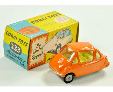 Corgi No. 233 Heinkel Bubble Car. Fine example appears very good to excellent in very good to excellent box.  Note: We are al