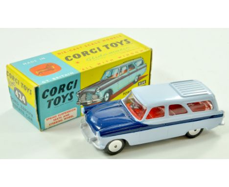 Corgi No. 424 Ford Zephyr Estate Car. Issue is two-tone blue, red interior with silver trim and flat spun hubs. Appears very 