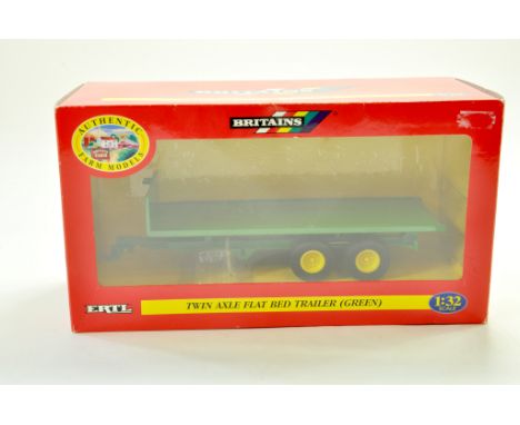 Britains 1/32 Farm issue comprising Twin Axle Flat Bed Trailer in Green. Excellent and secured in box.  Note: We are always h