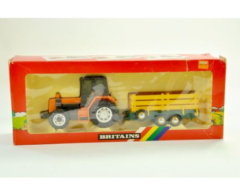 Britains 1/32 Farm issue comprising No. 9614 Renault 145-14 Tractor with Animal Trailer (note red hubs). Appears very good to