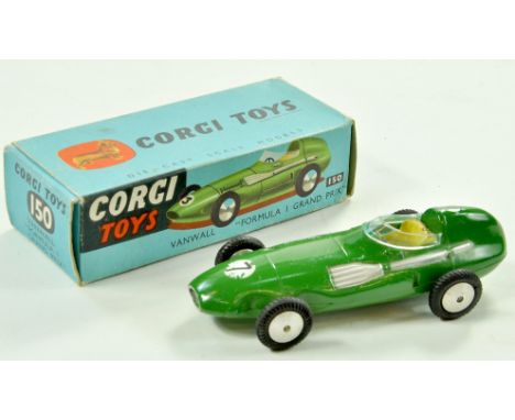 Corgi No. 150 Vanwall Formula 1 Grand Prix Racing Car. Issue has green body, yellow interior and flat spun hubs with racing n