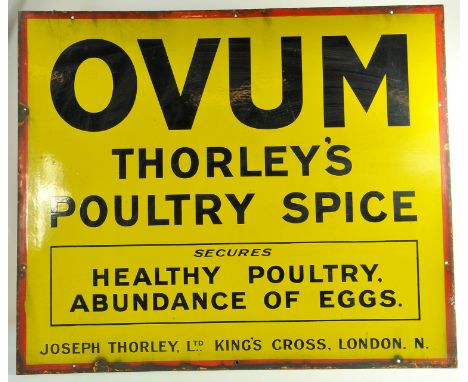 An original Joseph Thorley Antique Enamel Advertising Sign for Thorleys Ovum Poultry Spice. Width 81cm, Height 68cm. In well 