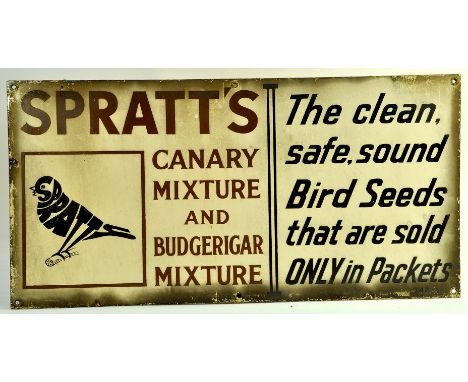 An original Spratts Antique Enamel Advertising Sign for Spratts Canary / Budgerigar Mixture. 1940's. Width 60cm, Height 30cm.